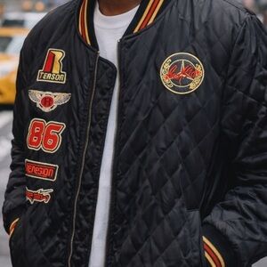 Black Quilted Bomber/Varsity Jacket w Red & Gold Embellishments